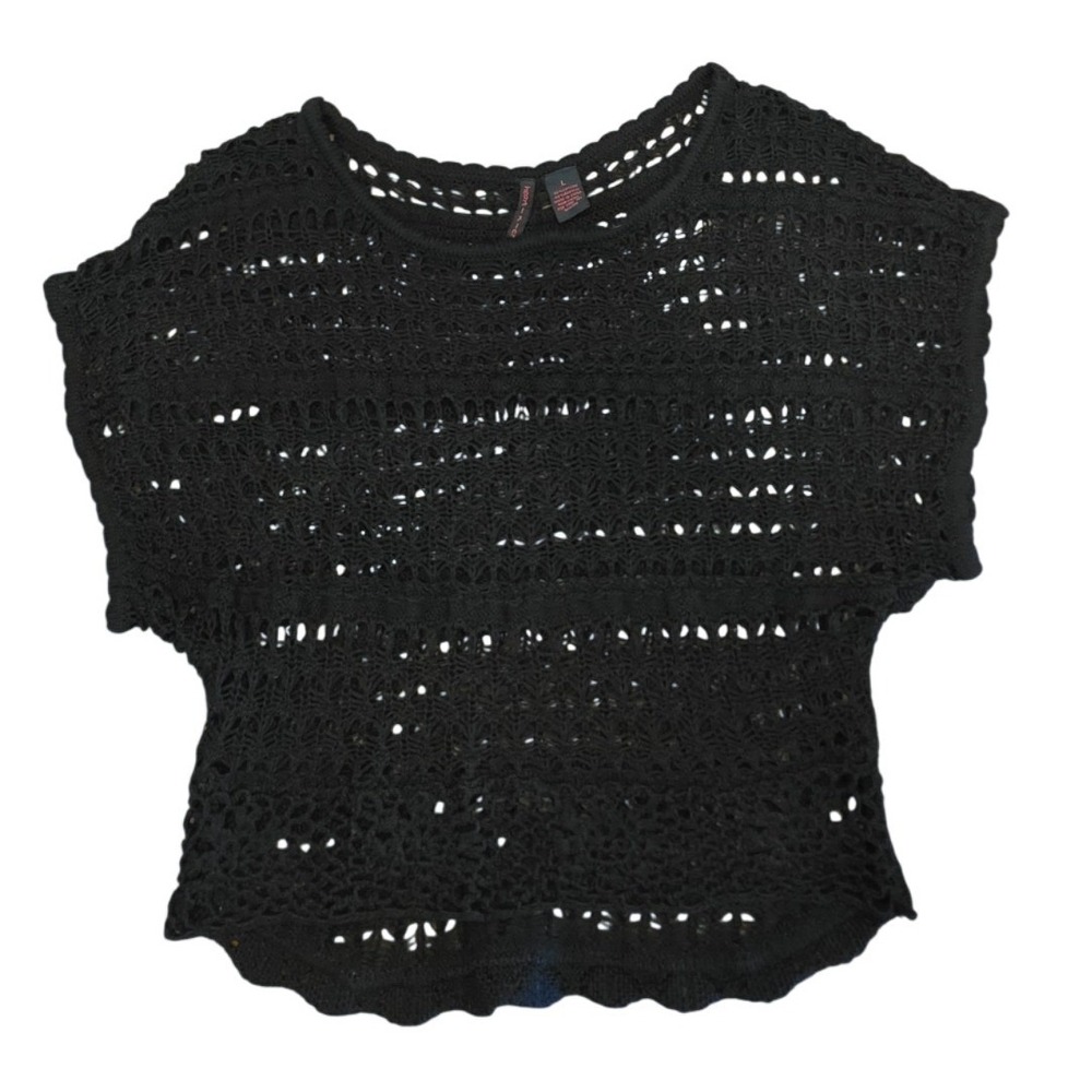 HeartNCrush Womens Black Crochet Knit Top Large Short Sleeve y2k Scalloped Hem